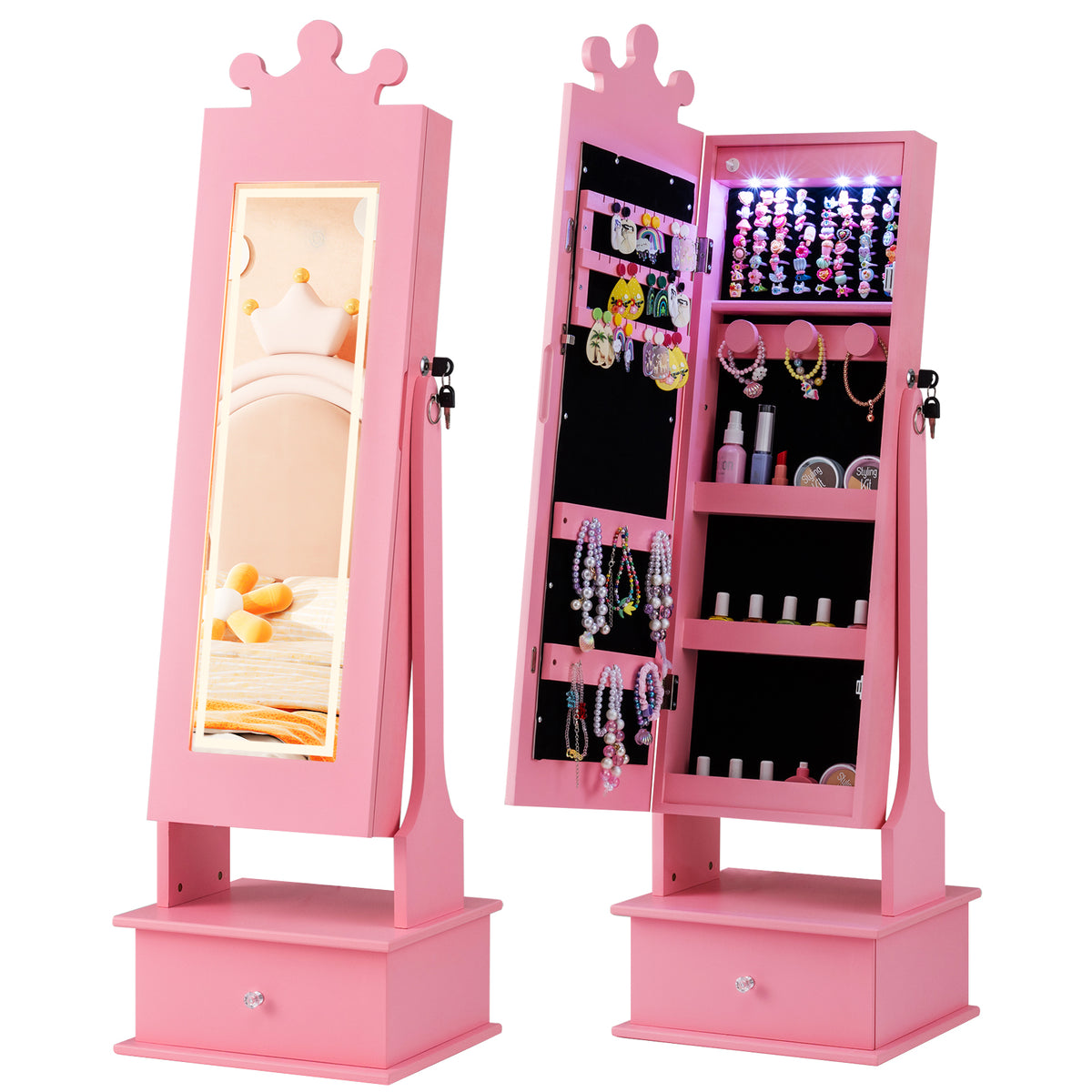 Kids Jewelry Armoire, With 3-Color Lighted Full Length Mirror, Pink Kids Vanities Pink at Gallery Canada