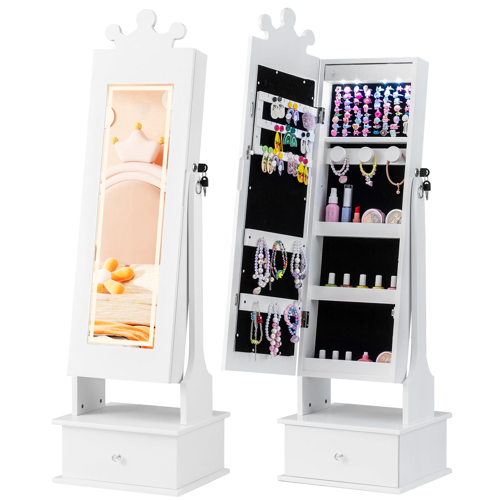 Kids Jewelry Armoire, 3-Color Lighted Mirror, Inside Led Lights, White Kids Vanities White at Gallery Canada