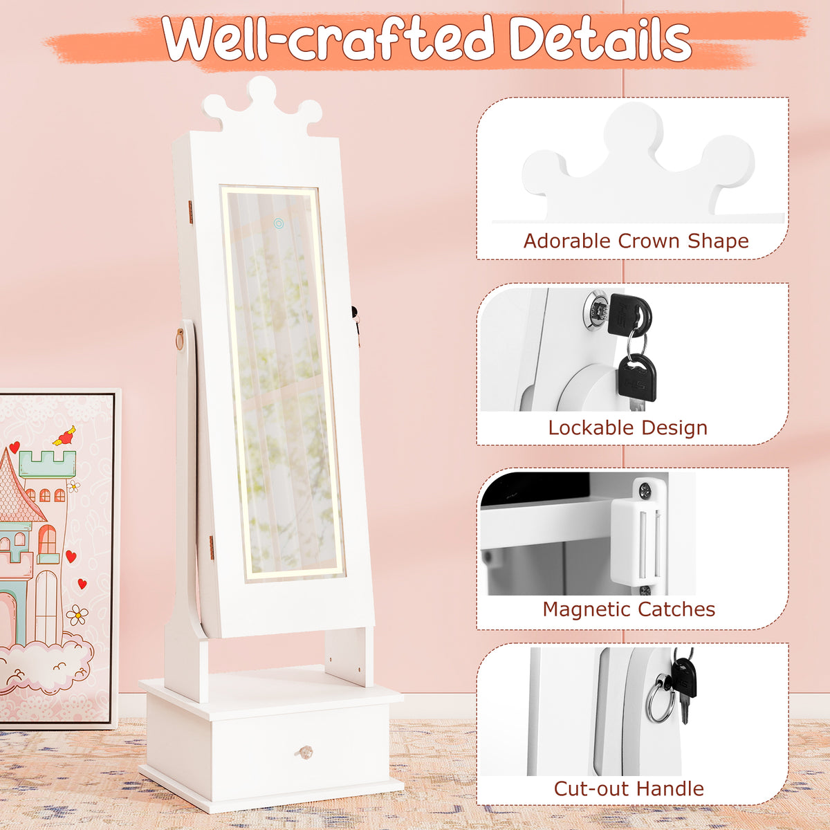 Kids Jewelry Armoire, 3-Color Lighted Mirror, Inside Led Lights, White Kids Vanities at Gallery Canada