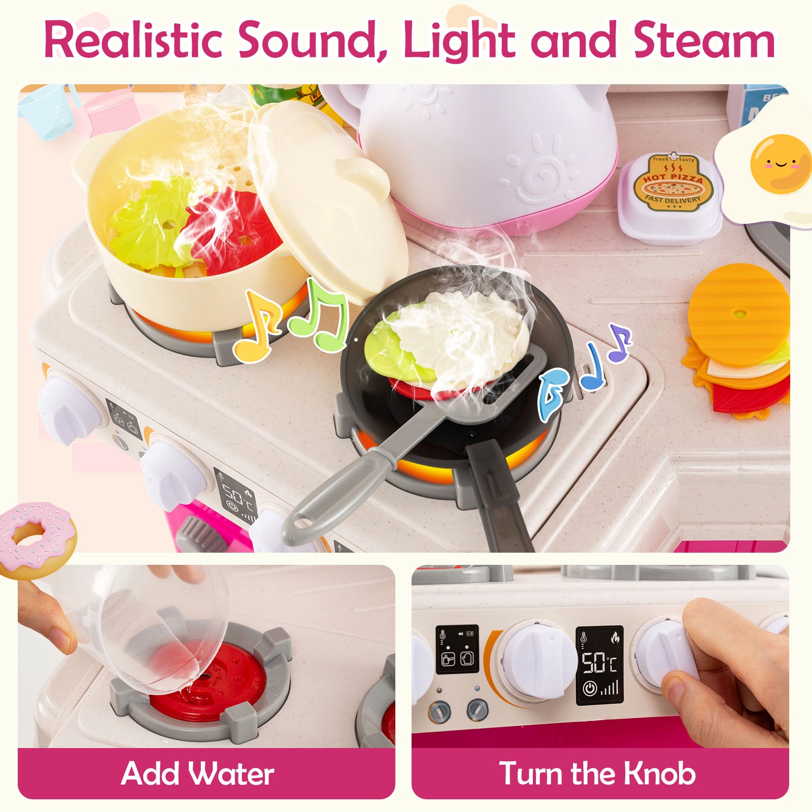 Kids Kitchen Playset Corner Play Kitchen with Realistic Sounds and Lights, Pink Baby & Kids at Gallery Canada