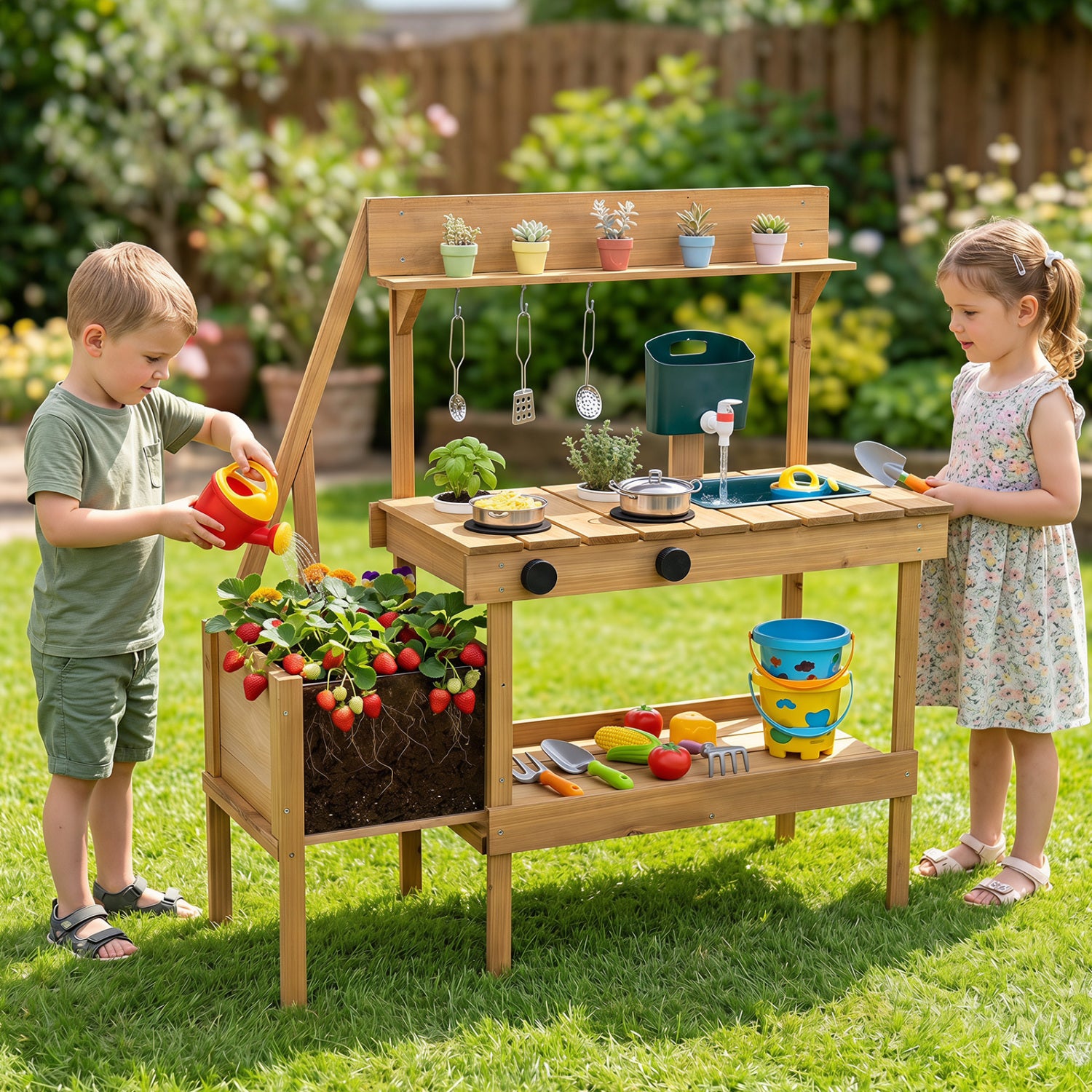 Kids Mud Kitchen Wooden Play Kitchen with Planter Box, Natural Play Kitchen Sets at Gallery Canada