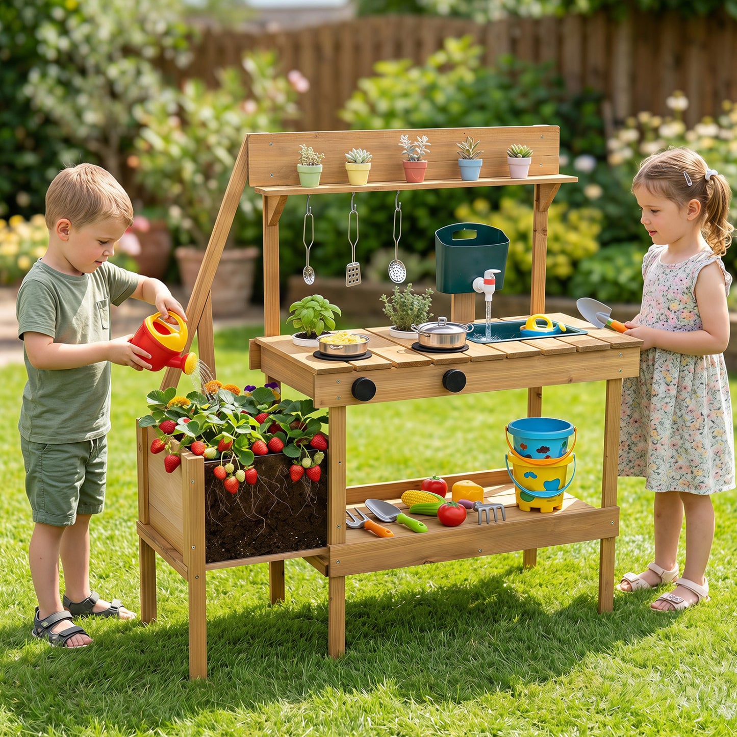 Kids Mud Kitchen Wooden Play Kitchen with Planter Box, Natural Play Kitchen Sets at Gallery Canada