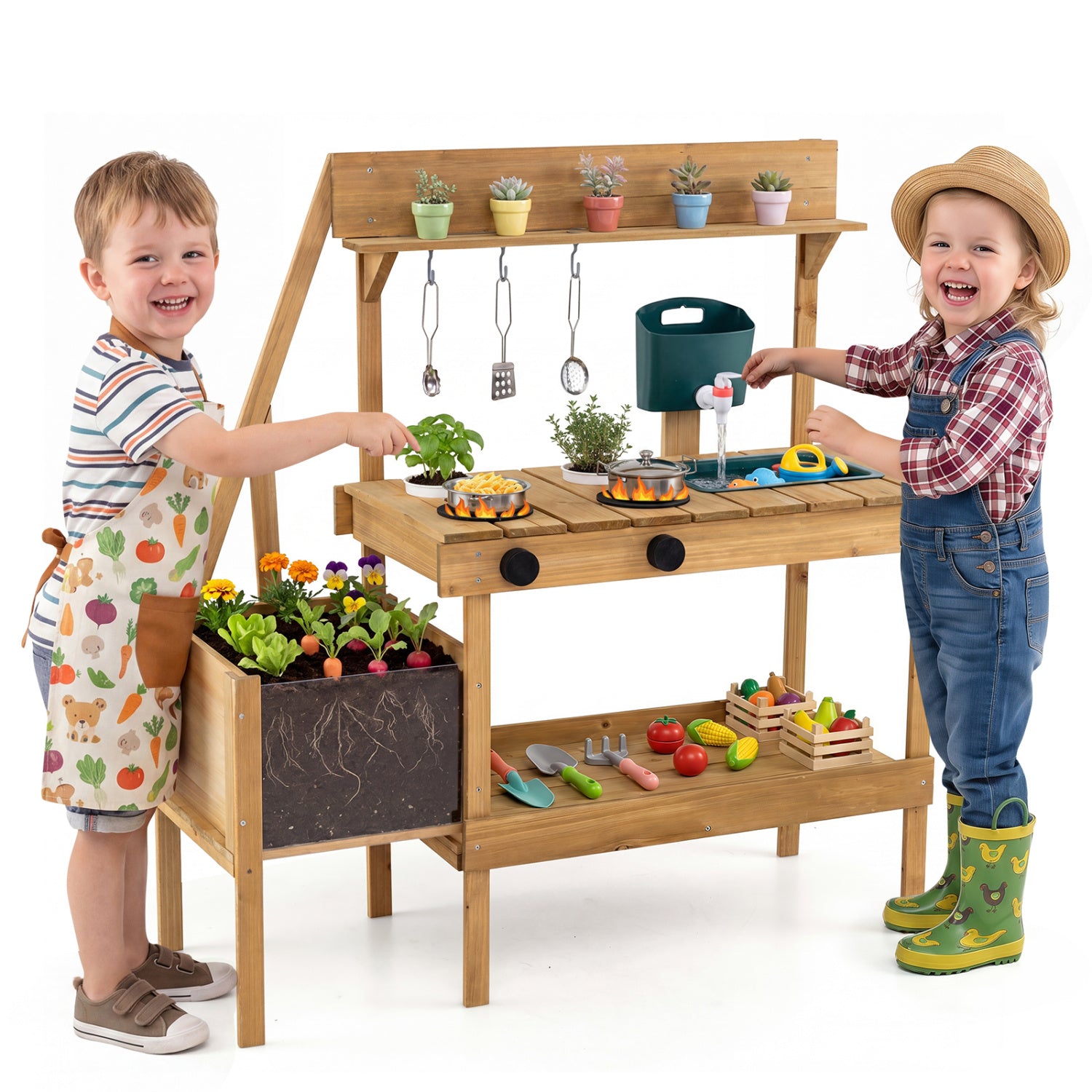 Kids Mud Kitchen Wooden Play Kitchen with Planter Box, Natural Play Kitchen Sets at Gallery Canada