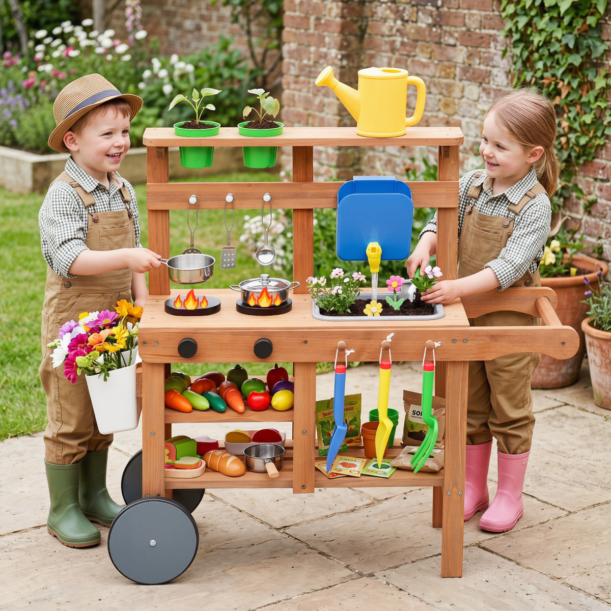 Kids Mud Kitchen With Water Tank, Sink, 15 Accessories, Natural Play Kitchen Sets at Gallery Canada