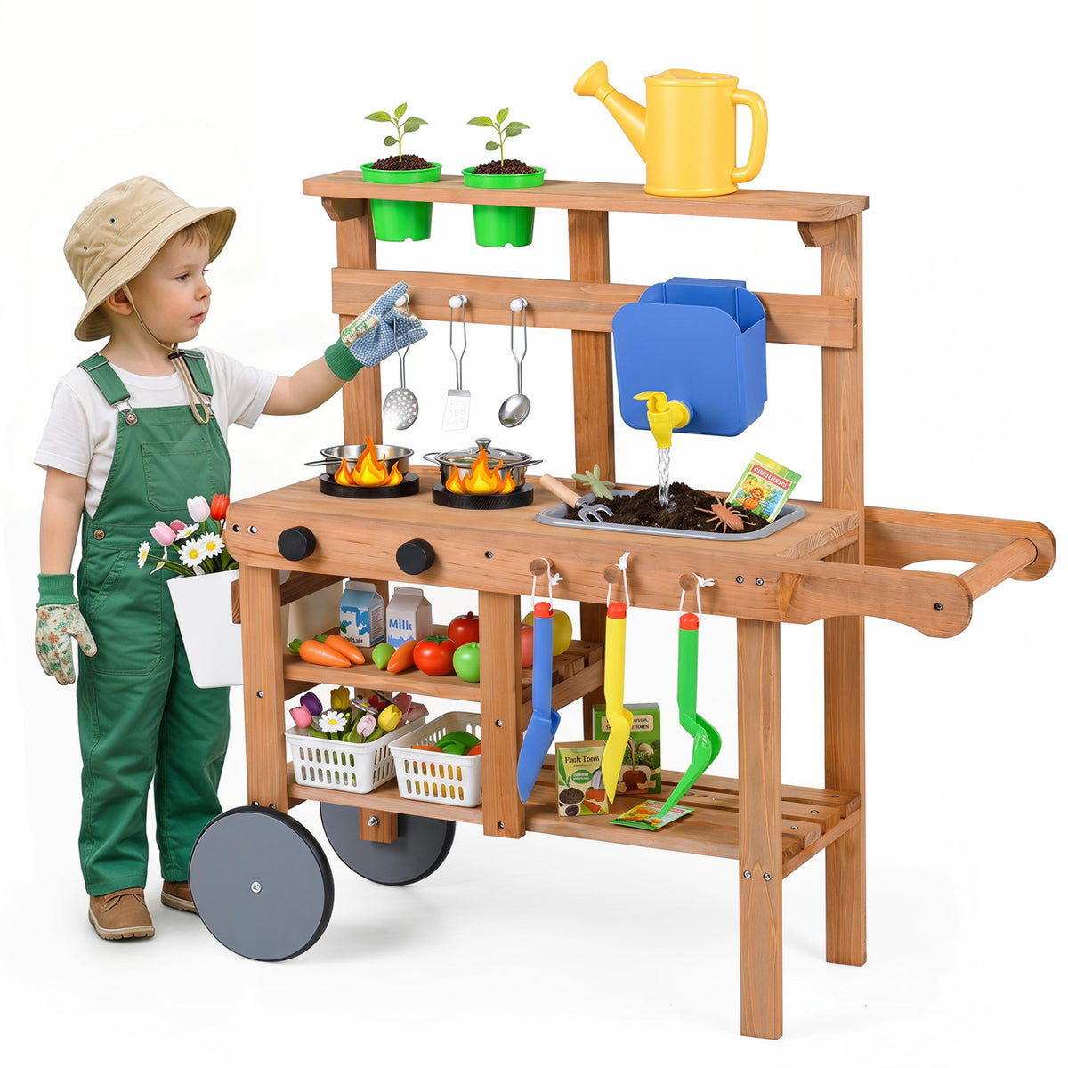 Kids Mud Kitchen With Water Tank, Sink, 15 Accessories, Natural Play Kitchen Sets Natural at Gallery Canada