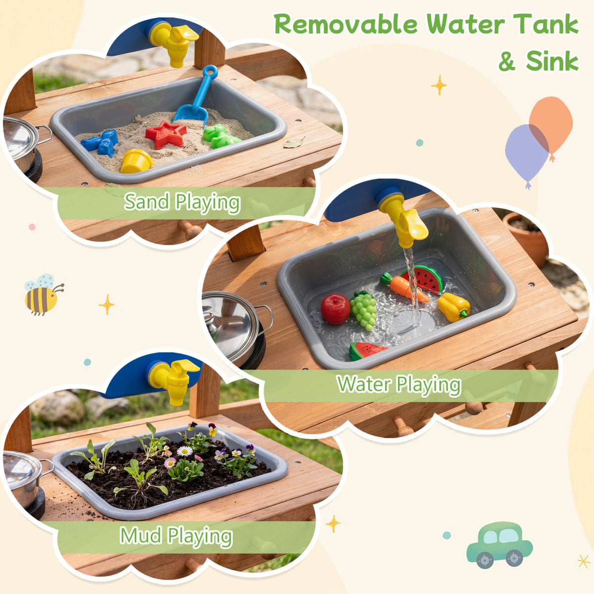 Kids Mud Kitchen With Water Tank, Sink, 15 Accessories, Natural Play Kitchen Sets at Gallery Canada