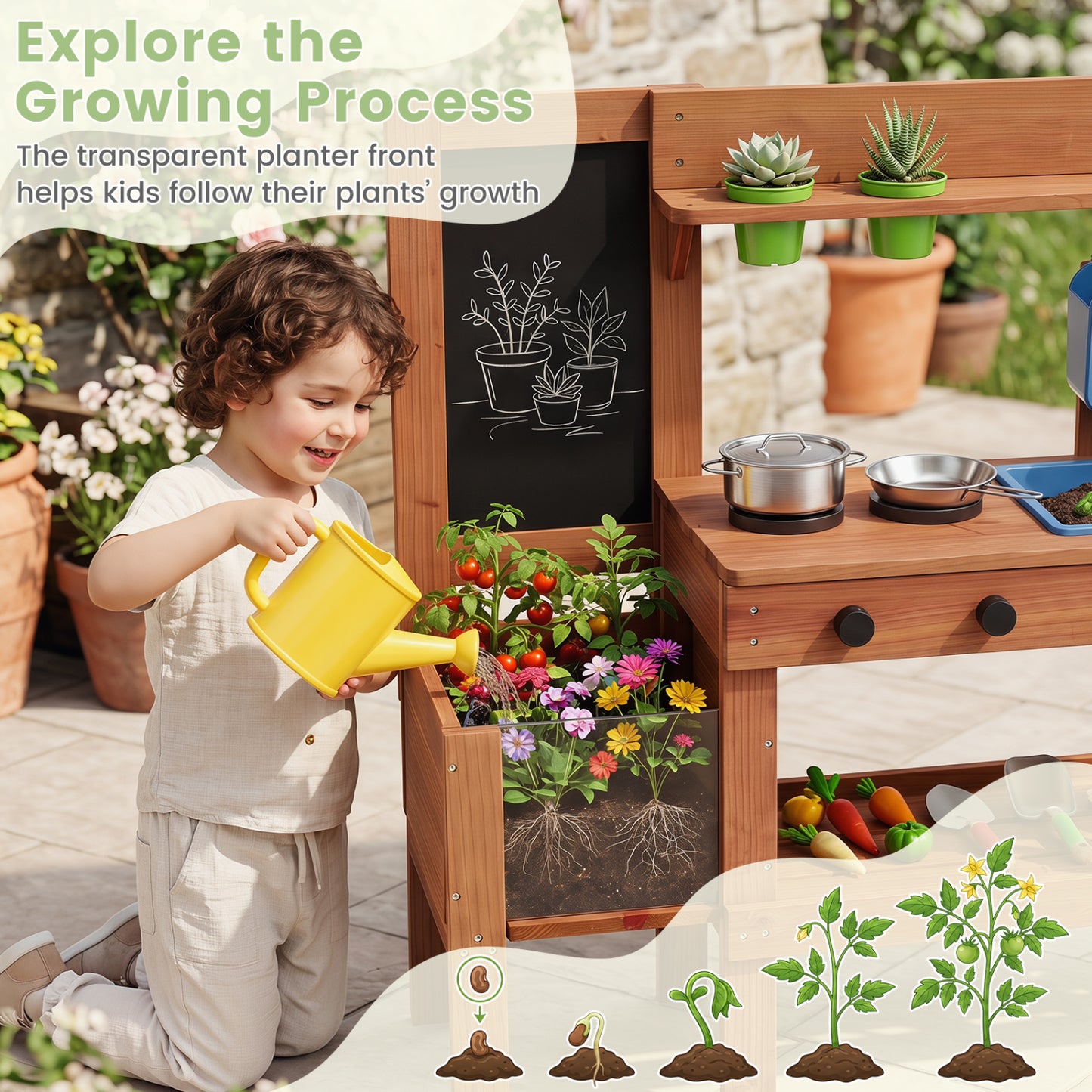 Kids Mud Kitchen With Planter Box, Sink, 13 Accessories, Natural Play Kitchen Sets at Gallery Canada