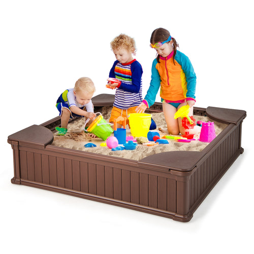 Kids Outdoor Sandbox, with Oxford Cover, 4 Corner Seats, Brown