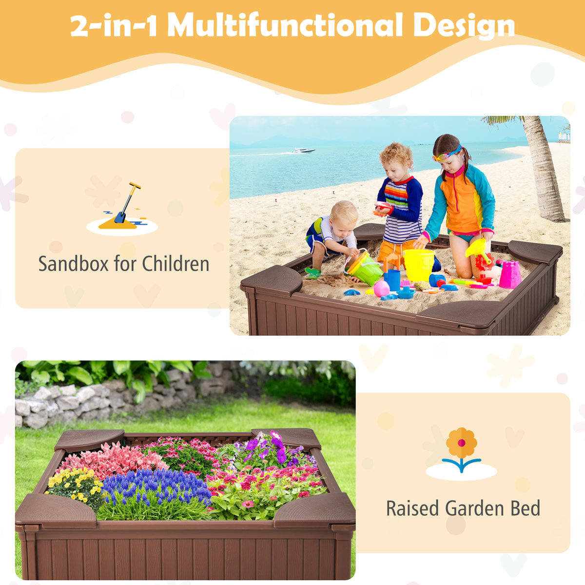 Kids Outdoor Sandbox, with Oxford Cover, 4 Corner Seats, Brown Sandboxes at Gallery Canada