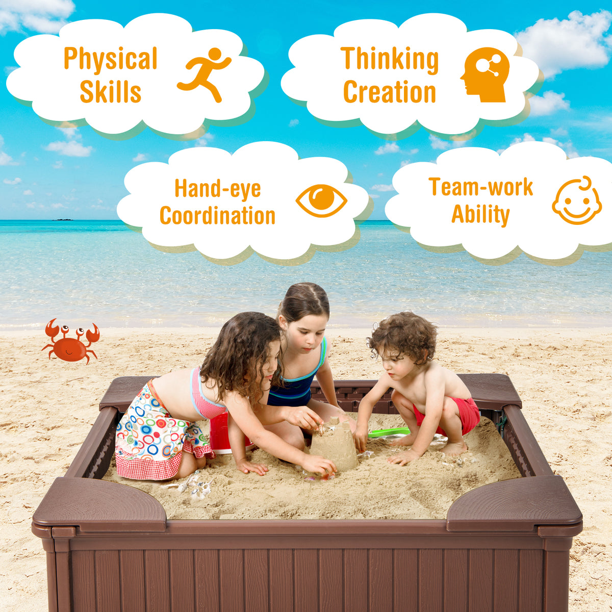 Kids Outdoor Sandbox, with Oxford Cover, 4 Corner Seats, Brown Sandboxes at Gallery Canada