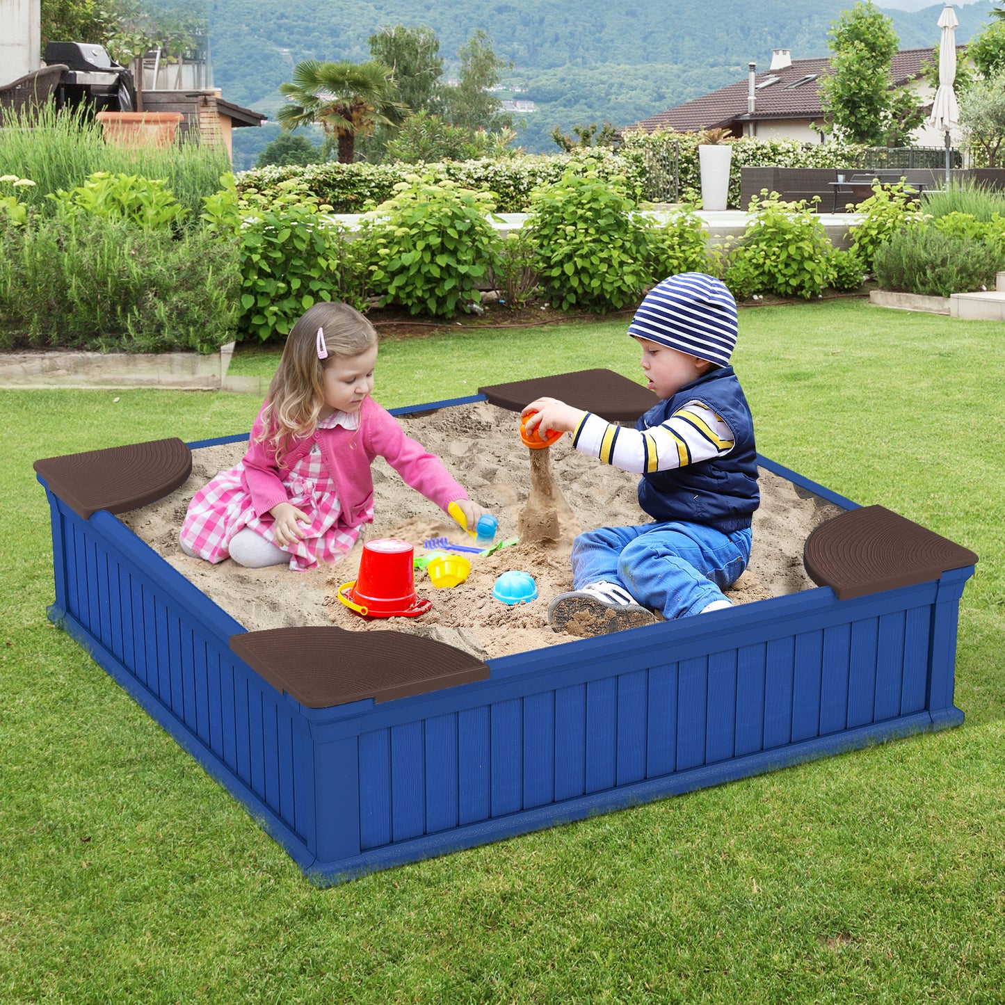 Kids Outdoor Sandbox with Oxford Cover and 4 Corner Seats, Navy Sandboxes at Gallery Canada
