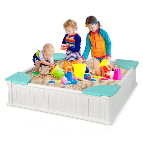Kids Outdoor Sandbox With Oxford Cover, 4 Corner Seats, White
