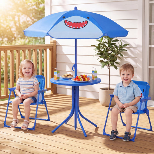 Kids Outdoor Table And Chair Set, 2 Folding Chairs, Height Adjustable Umbrella, Blue Kids Table & Chair Sets Blue at Gallery Canada