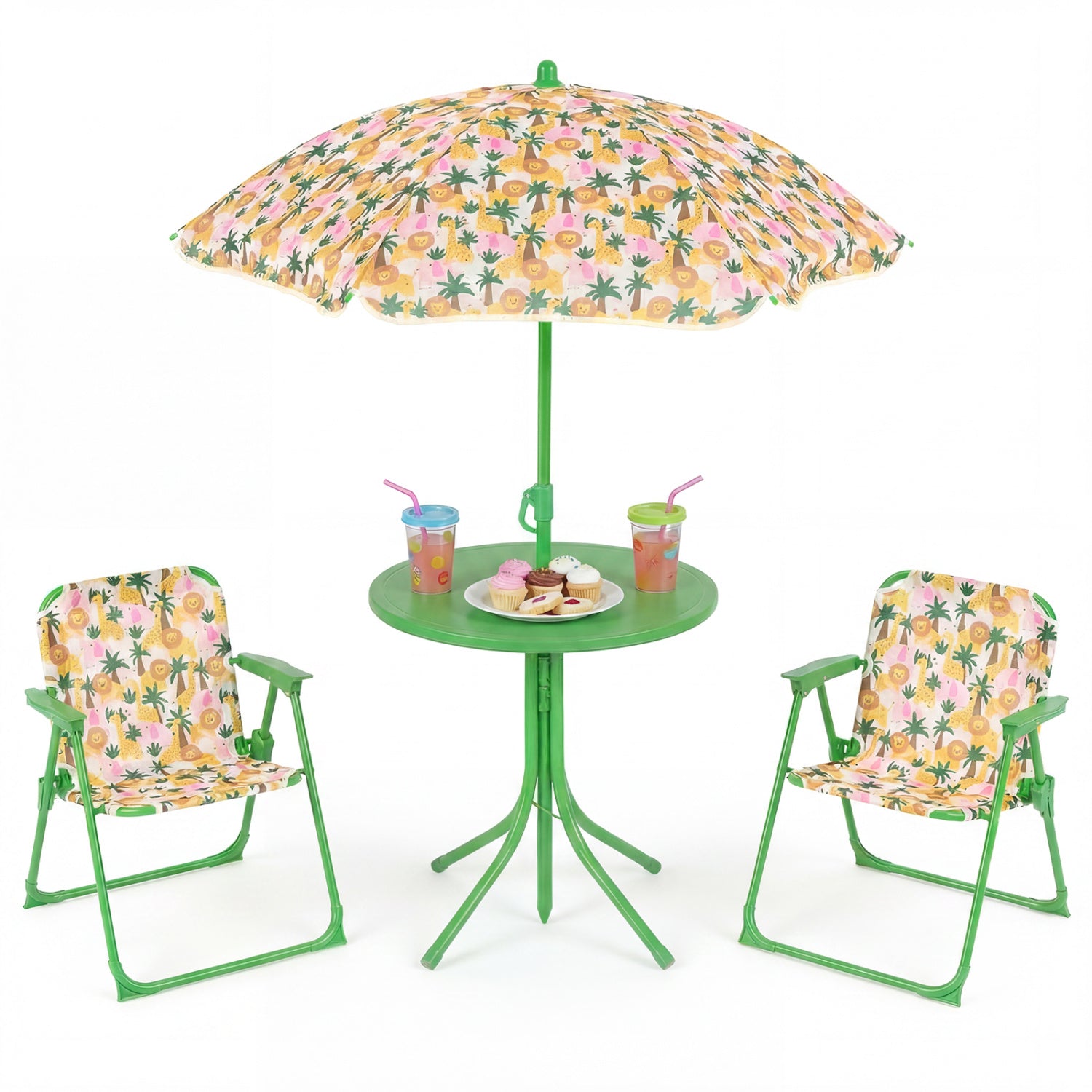 Kids Outdoor Table And Chair Set, 2 Folding Chairs, Height Adjustable Umbrella, Beige Kids Table & Chair Sets at Gallery Canada