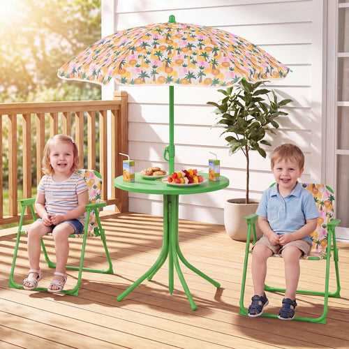 Kids Outdoor Table And Chair Set, 2 Folding Chairs, Height Adjustable Umbrella, Beige