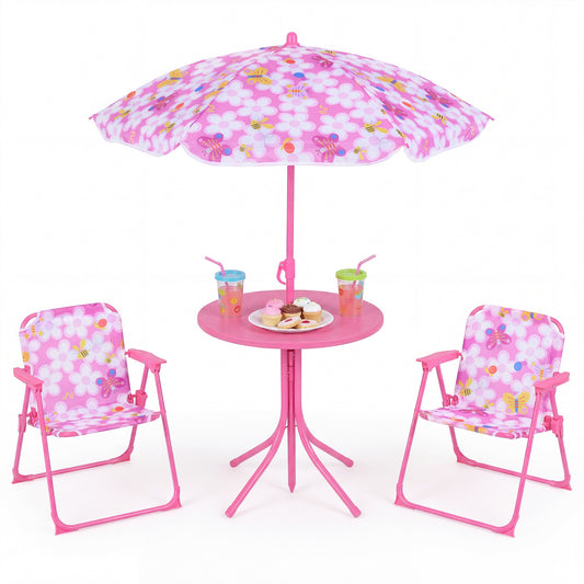 Kids Outdoor Table And Chair Set, 2 Folding Chairs, Height Adjustable Umbrella, Pink Kids Table & Chair Sets Pink at Gallery Canada