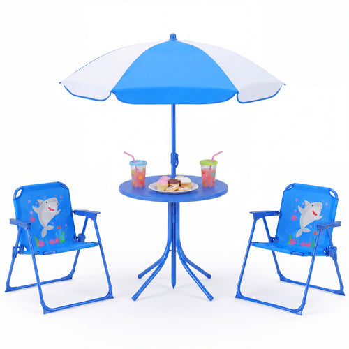 Kids Outdoor Table And Chair Set, 2 Folding Chairs, Adjustable Umbrella, Navy