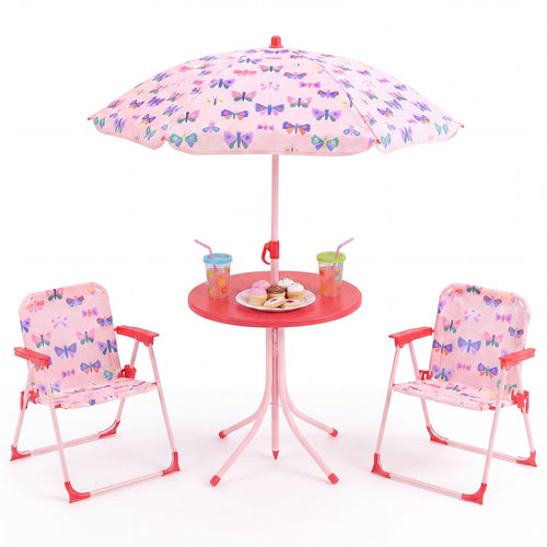 Kids Outdoor Table And Chair Set, 2 Folding Chairs, Height Adjustable Umbrella, White And Pink