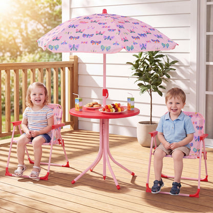 Kids Outdoor Table And Chair Set, 2 Folding Chairs, Height Adjustable Umbrella, White And Pink Kids Table & Chair Sets at Gallery Canada
