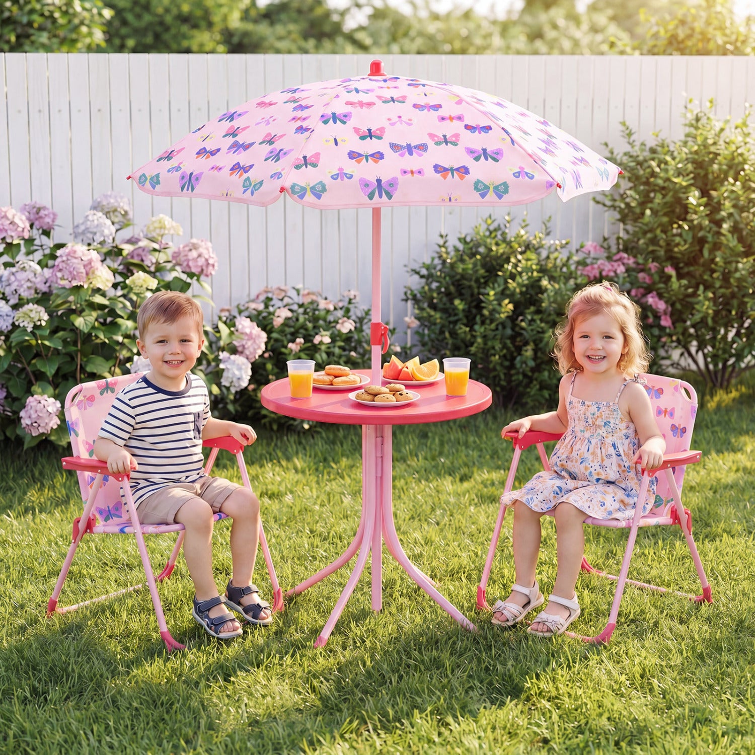 Kids Outdoor Table And Chair Set, 2 Folding Chairs, Height Adjustable Umbrella, White And Pink Kids Table & Chair Sets at Gallery Canada