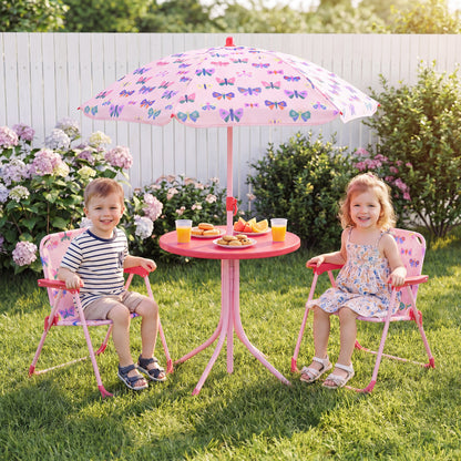 Kids Outdoor Table And Chair Set, 2 Folding Chairs, Height Adjustable Umbrella, White And Pink Kids Table & Chair Sets at Gallery Canada