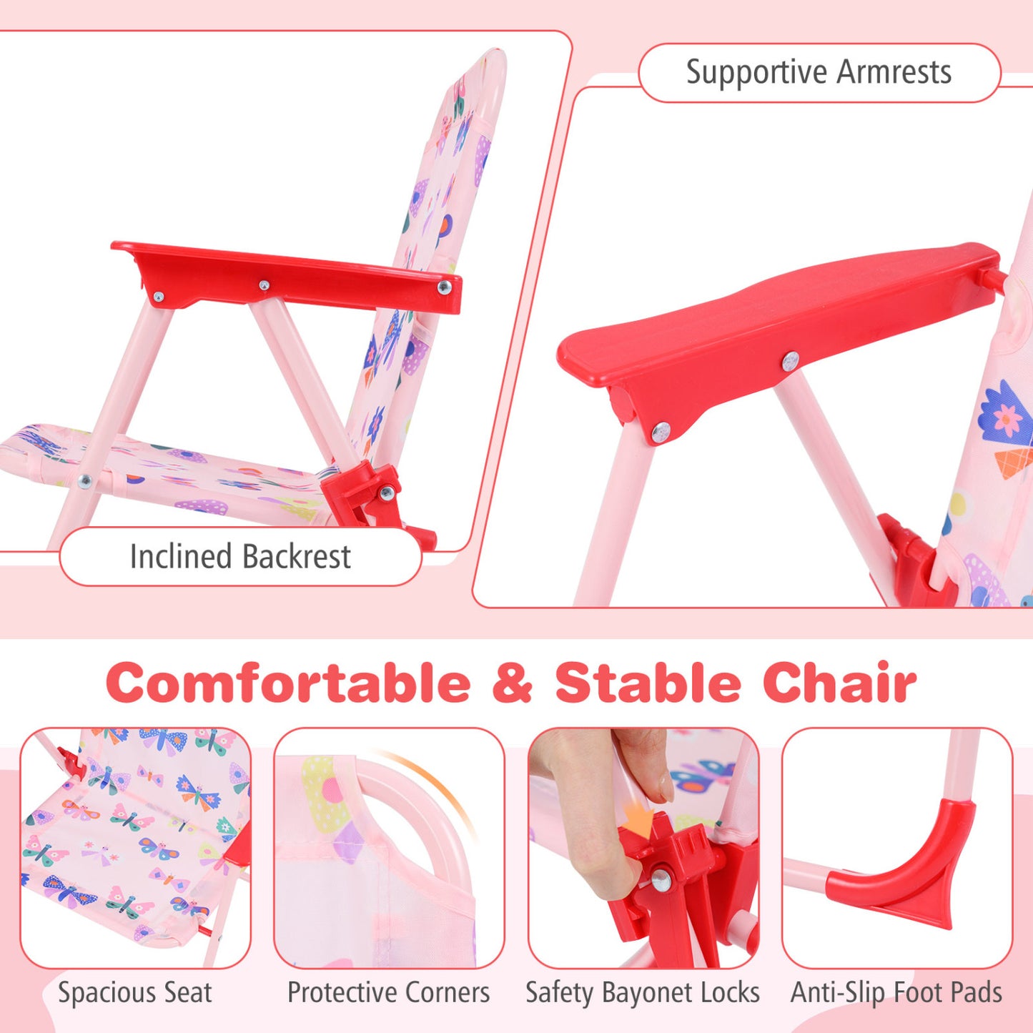 Kids Outdoor Table And Chair Set, 2 Folding Chairs, Height Adjustable Umbrella, White And Pink Kids Table & Chair Sets at Gallery Canada