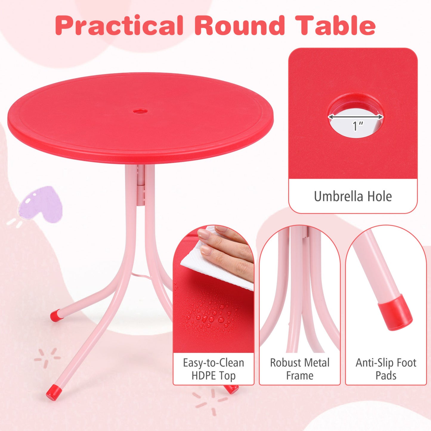 Kids Outdoor Table And Chair Set, 2 Folding Chairs, Height Adjustable Umbrella, White And Pink Kids Table & Chair Sets at Gallery Canada