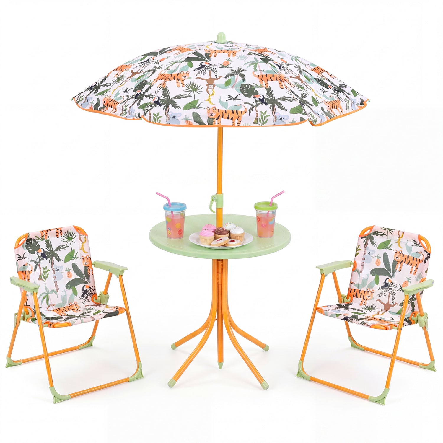 Kids Outdoor Table And Chair Set, 2 Folding Chairs, Height Adjustable Umbrella, Yellow Kids Table & Chair Sets Yellow at Gallery Canada