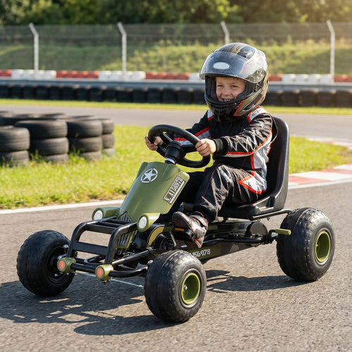 Kids Pedal Go Kart with Steering Wheel and Gear Shifter and Handbrake, Green