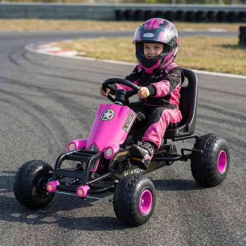 Kids Pedal Go Kart with Steering Wheel and Gear Shifter and Handbrake, Pink