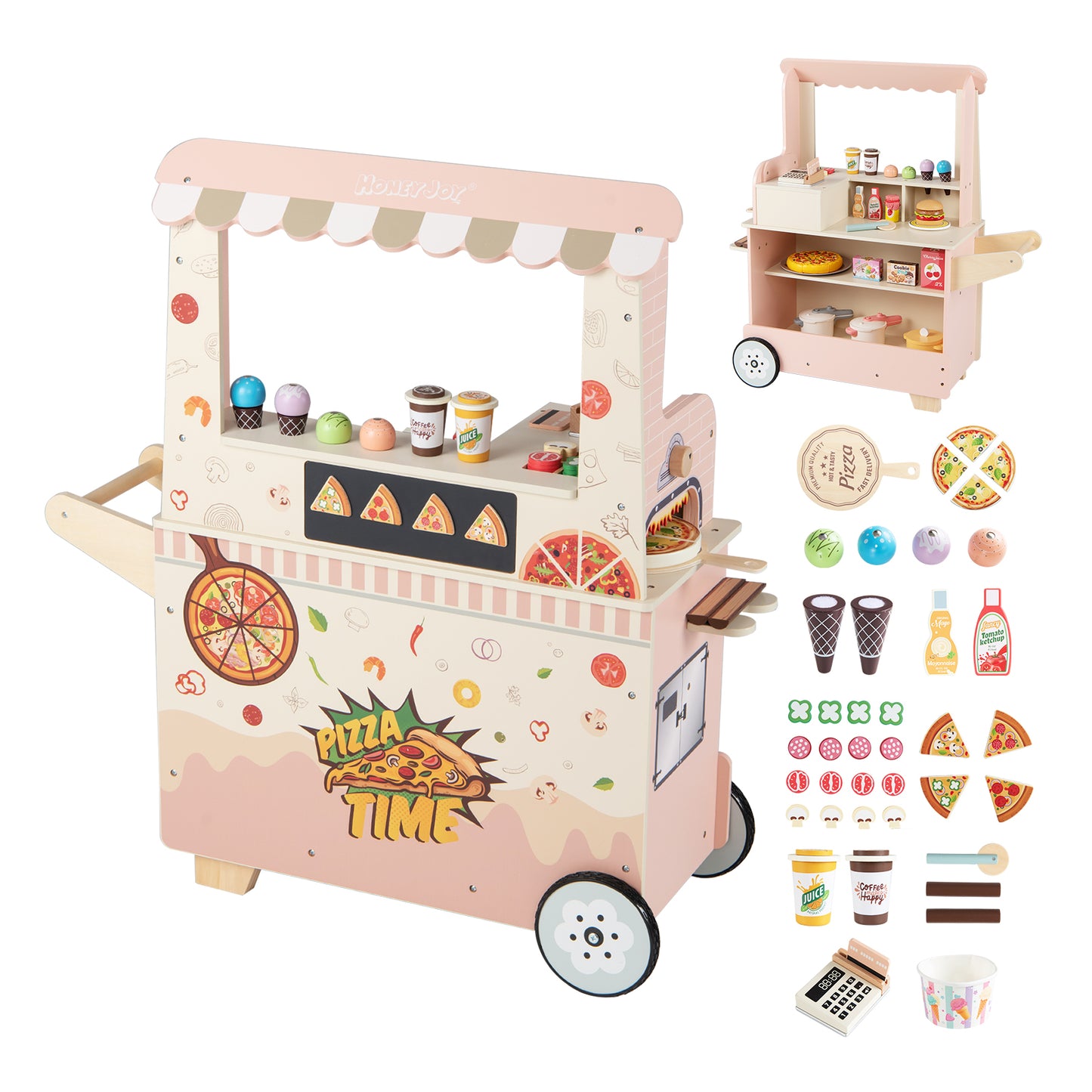 Kids Pizza Food Truck Wooden Pretend Play Snack Cart with Oven, Pink Play Kitchen Sets Pink at Gallery Canada