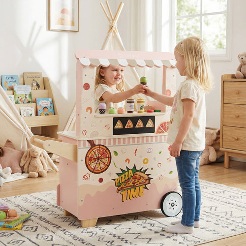 Kids Pizza Food Truck Wooden Pretend Play Snack Cart with Oven, Pink