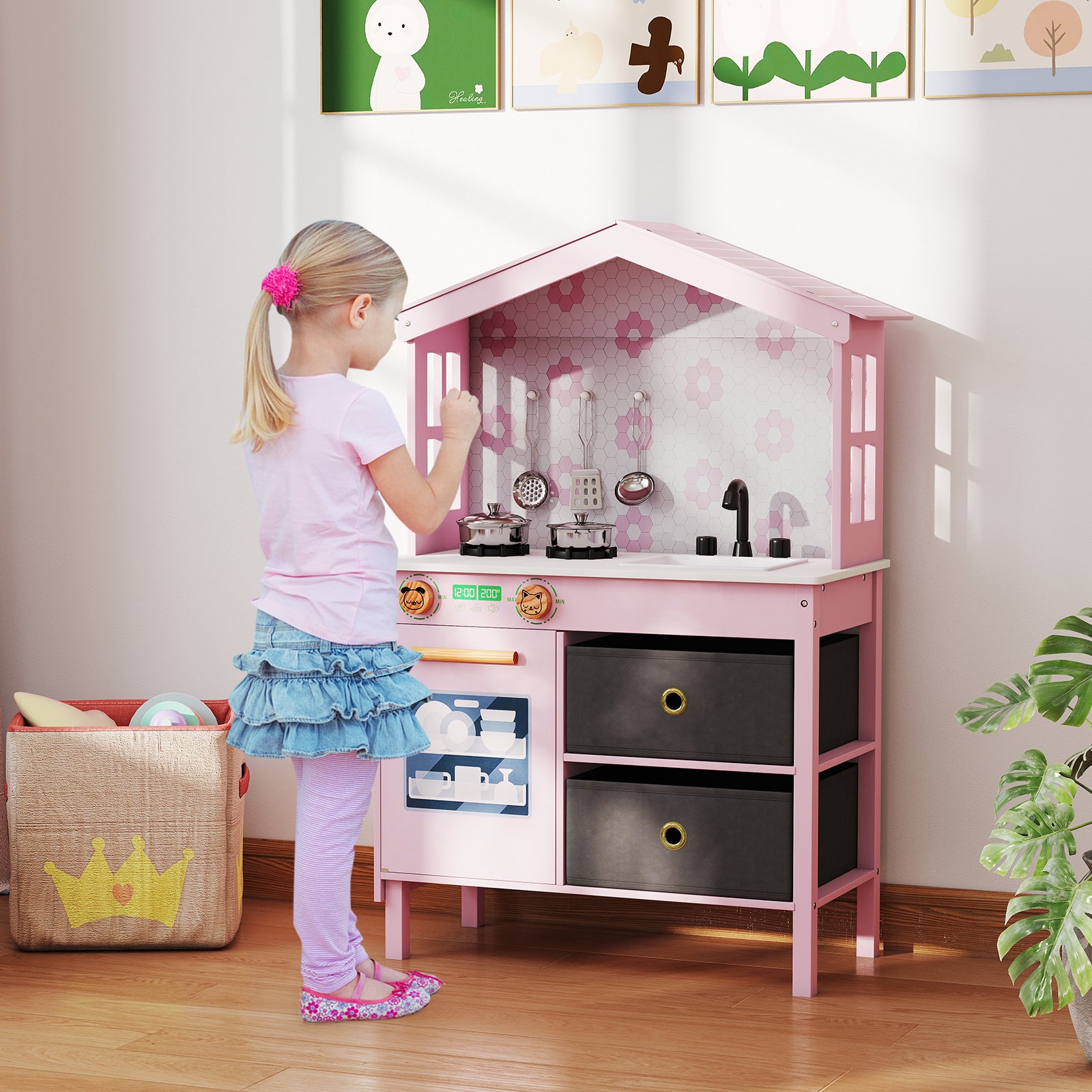 Kids Play Kitchen Toy Playset, 2 Stoves, Rotation Knobs, Pink Play Kitchen Sets at Gallery Canada