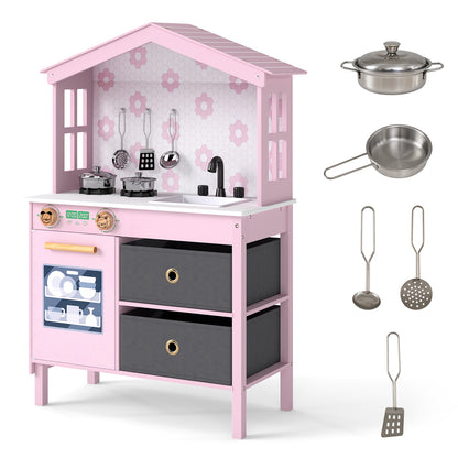 Kids Play Kitchen Toy Playset, 2 Stoves, Rotation Knobs, Pink Play Kitchen Sets Pink at Gallery Canada