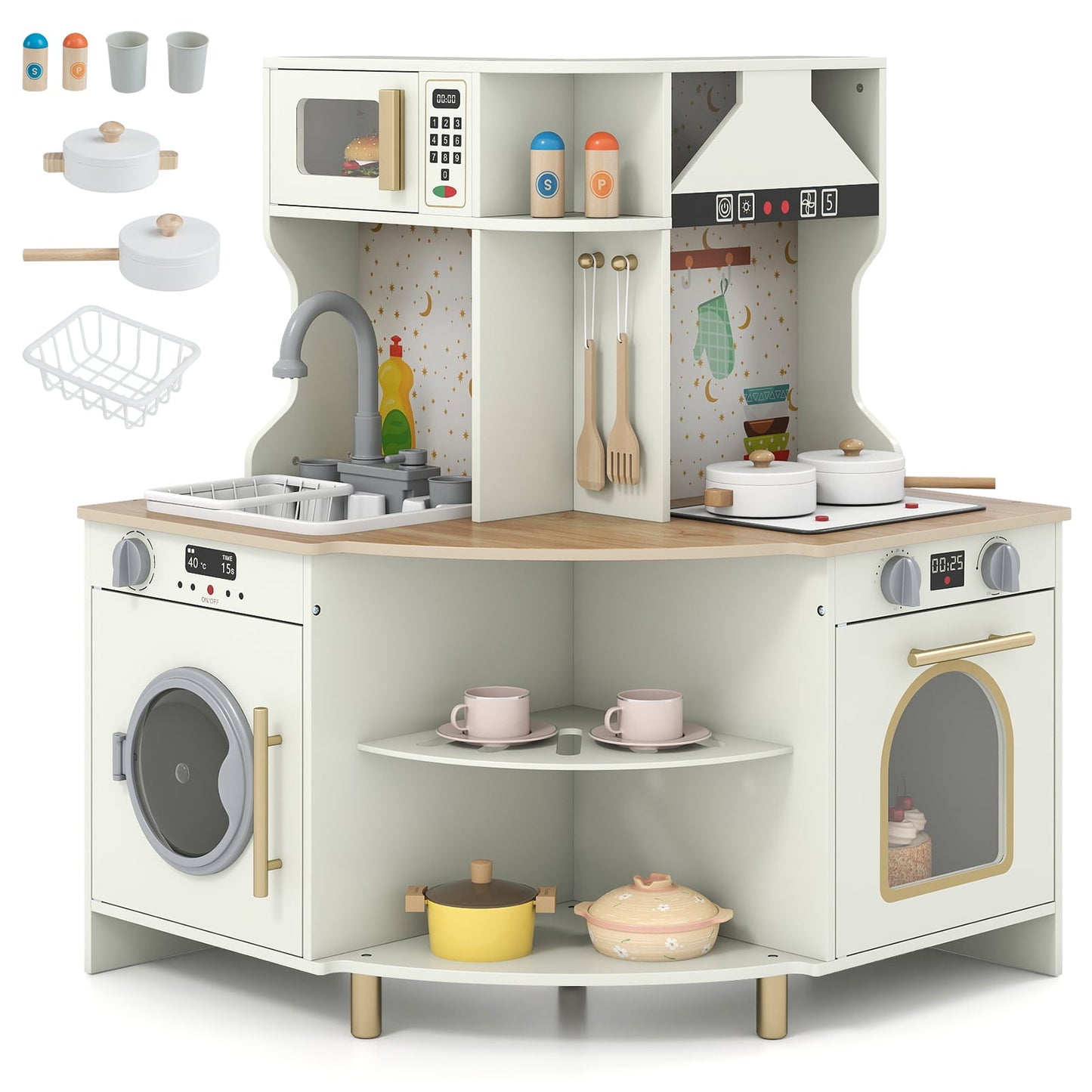 Kids Play Kitchen Wooden Corner Kitchen Playset with Working Faucet and Sink, Beige Play Kitchen Sets at Gallery Canada