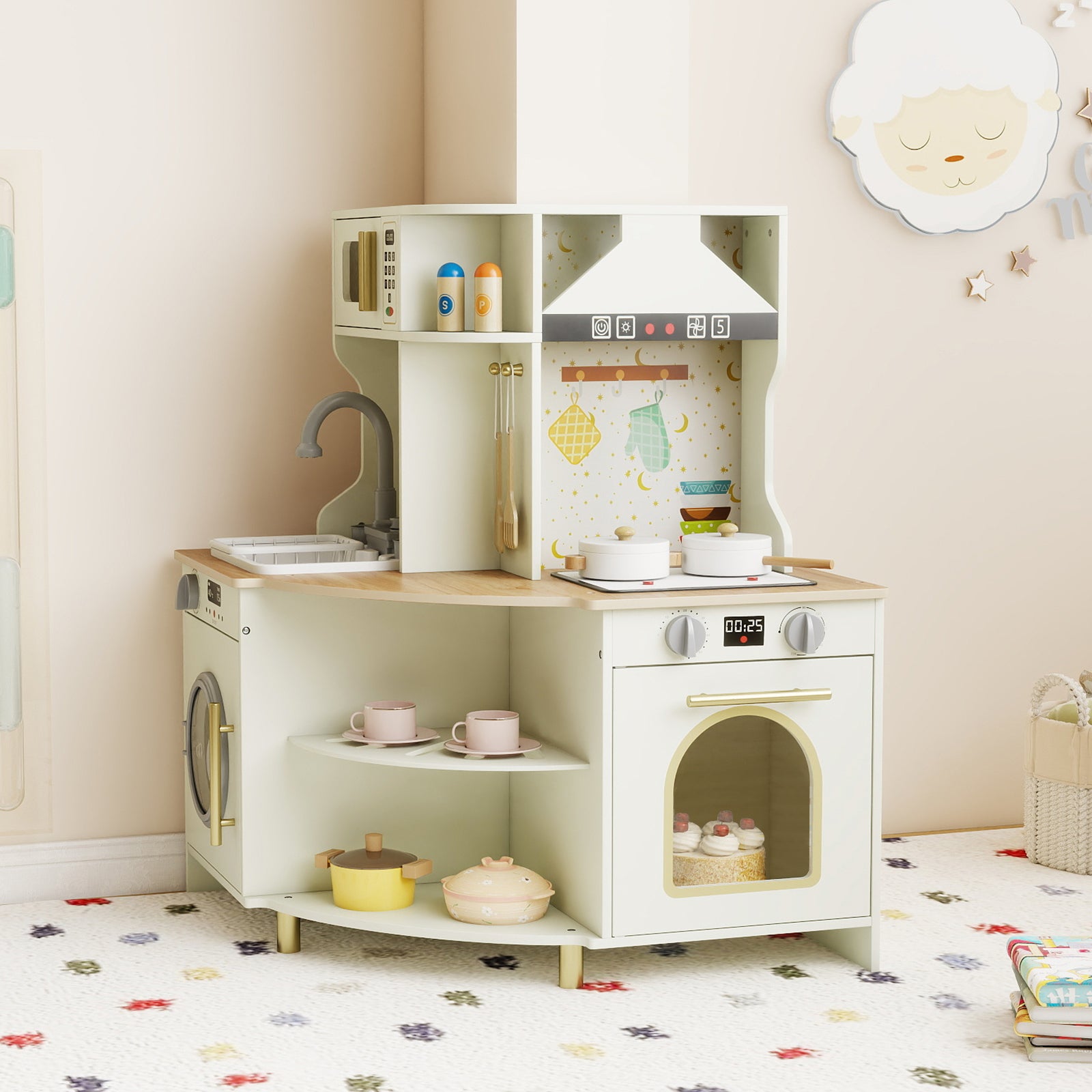 Kids Play Kitchen Wooden Corner Kitchen Playset with Working Faucet and Sink, Beige Play Kitchen Sets at Gallery Canada