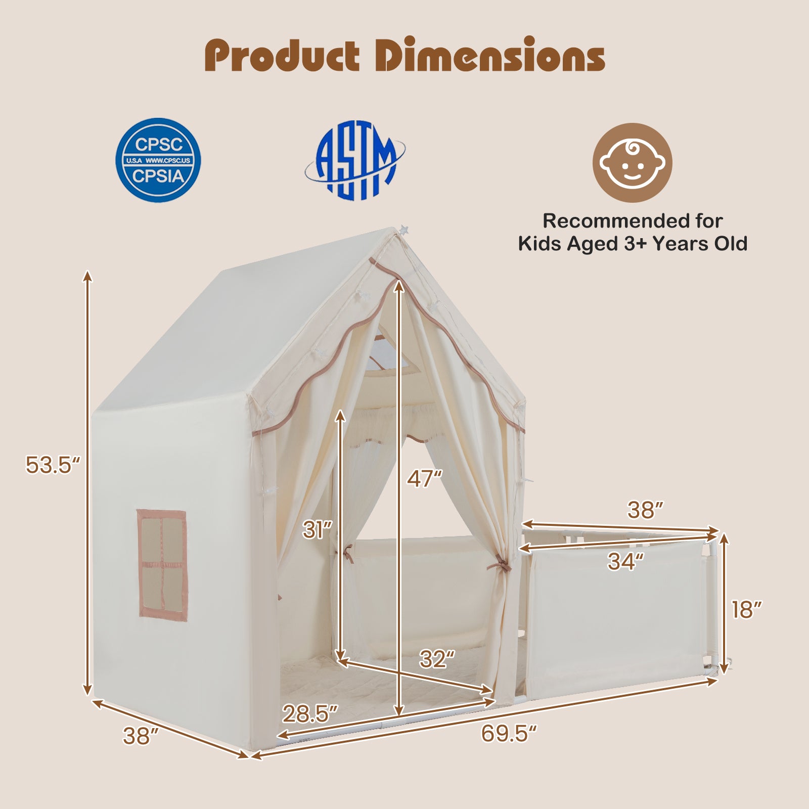 Kids Play Tent With Playpen, 2-in-1 Toddler Playhouse, Beige Play Tents & Playhouse at Gallery Canada