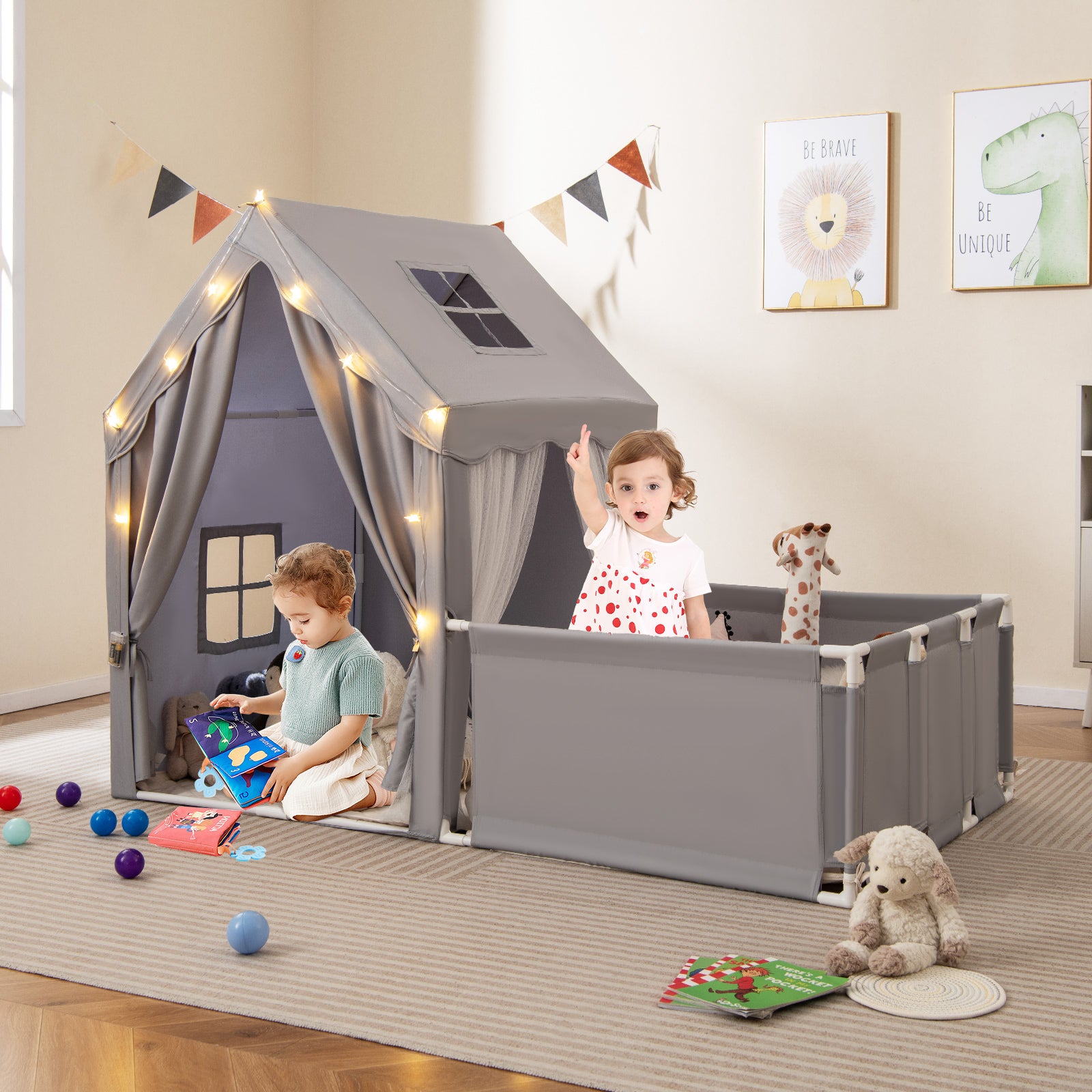 Kids Play Tent With Playpen, 2-in-1 Toddler Playhouse, Gray Play Tents & Playhouse at Gallery Canada