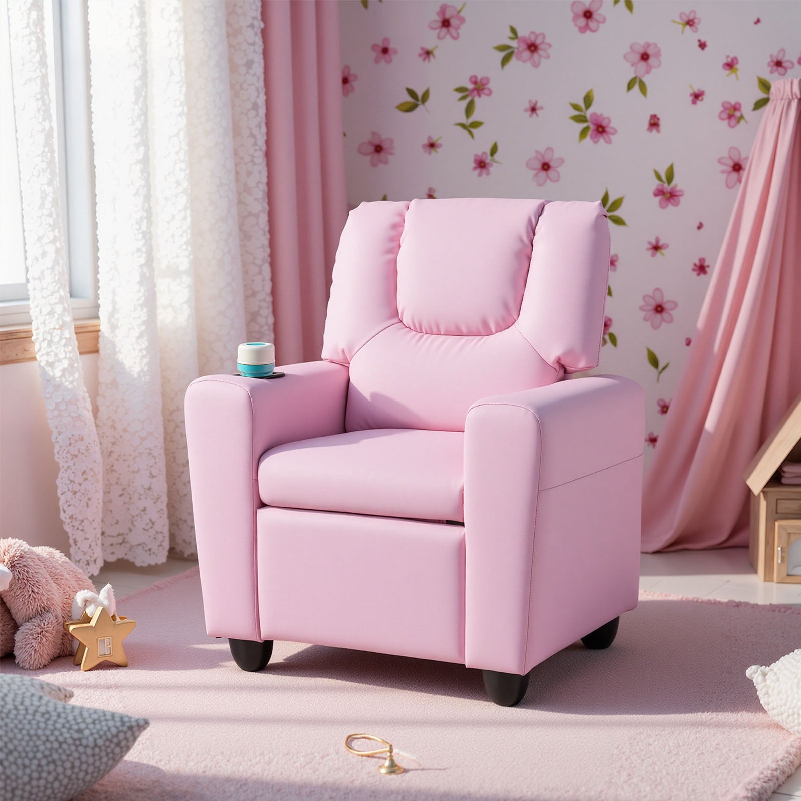 Kids Recliner Chair, Push Back Toddler Armchair With Cup Holder, Pink Kids Chairs & Seating at Gallery Canada