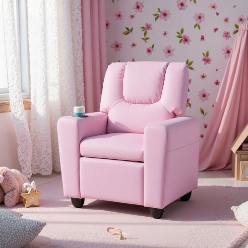 Kids Recliner Chair, Push Back Toddler Armchair With Cup Holder, Pink