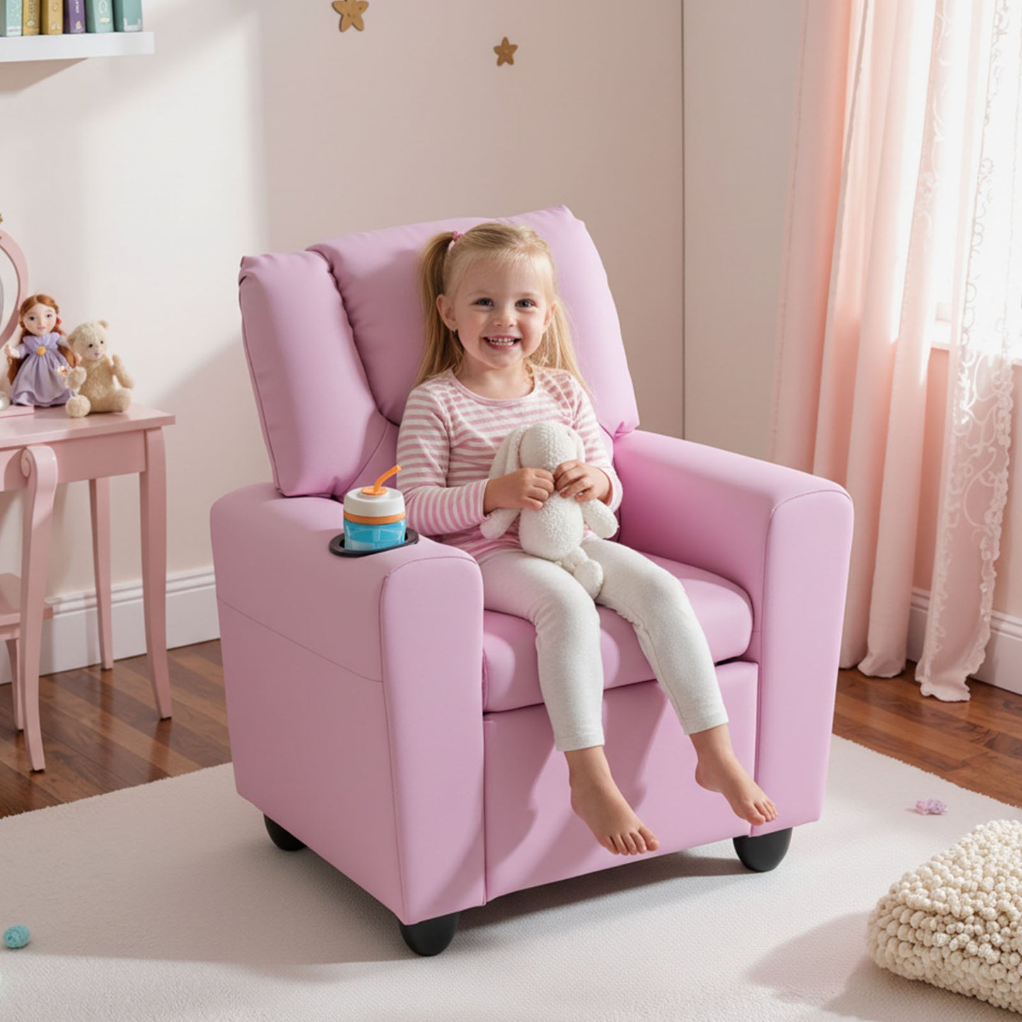 Kids Recliner Chair, Push Back Toddler Armchair With Cup Holder, Pink Kids Chairs & Seating at Gallery Canada