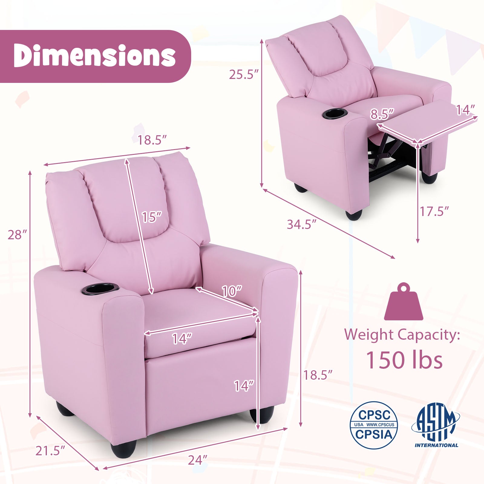 Kids Recliner Chair, Push Back Toddler Armchair With Cup Holder, Pink Kids Chairs & Seating at Gallery Canada