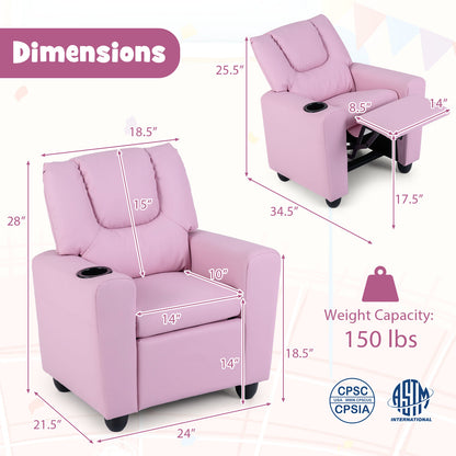 Kids Recliner Chair, Push Back Toddler Armchair With Cup Holder, Pink Kids Chairs & Seating at Gallery Canada