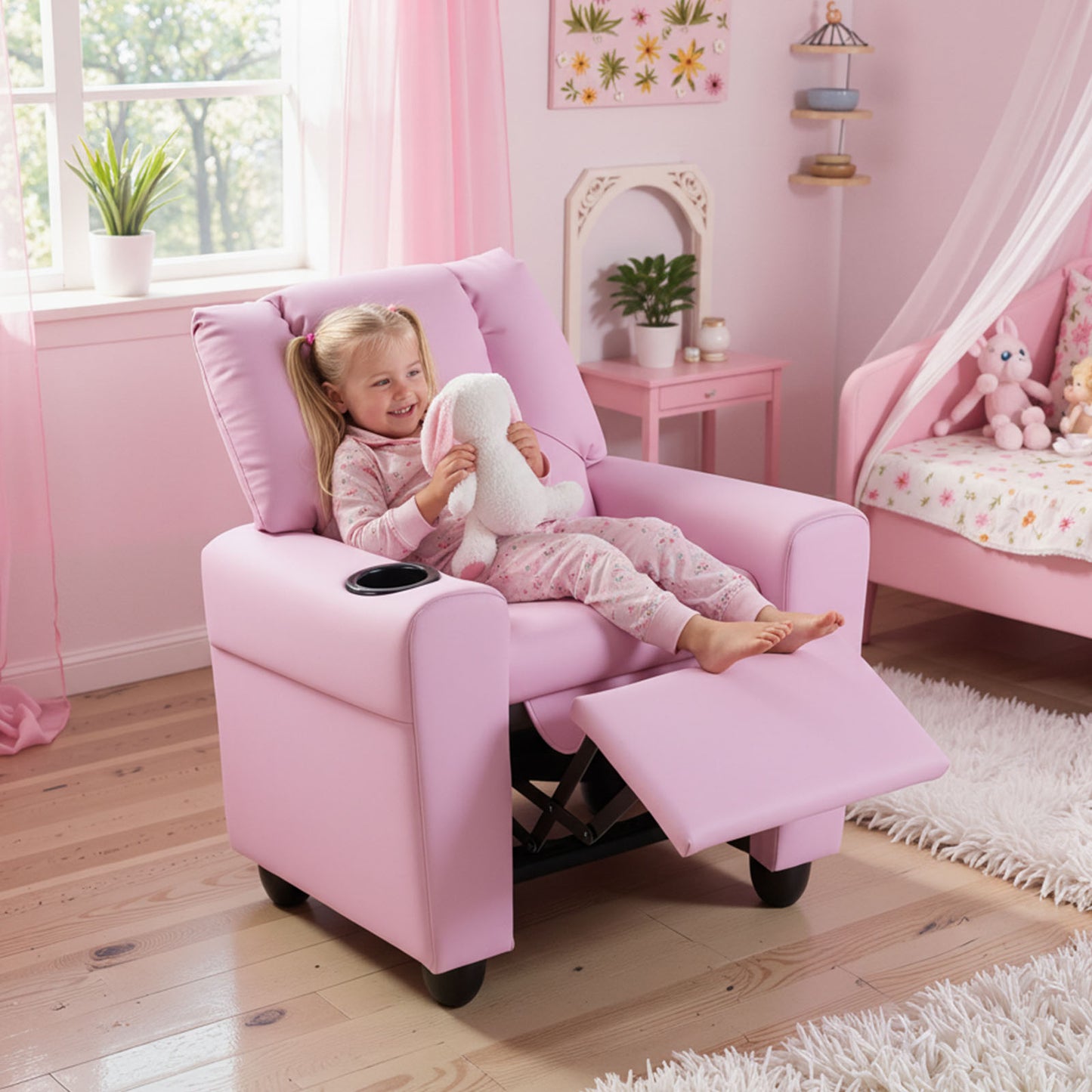Kids Recliner Chair, Push Back Toddler Armchair With Cup Holder, Pink Kids Chairs & Seating at Gallery Canada