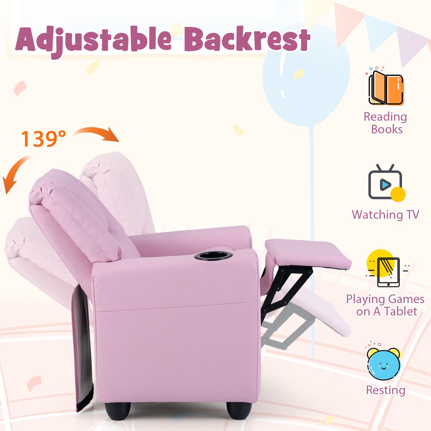 Kids Recliner Chair, Push Back Toddler Armchair With Cup Holder, Pink Kids Chairs & Seating at Gallery Canada