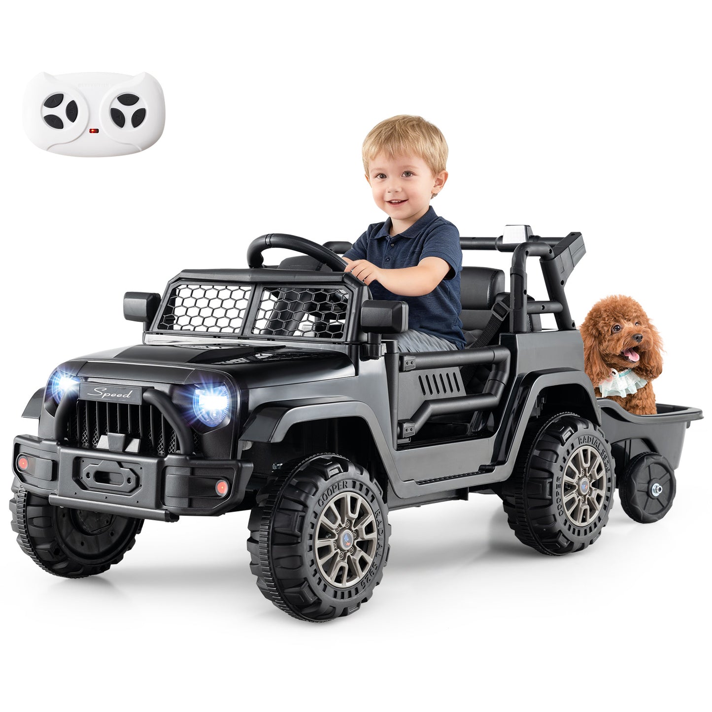 Kids Ride On UTV Car with Detachable Trailer 12V Battery Powered Ride On Truck, Black Powered Ride On Toys at Gallery Canada
