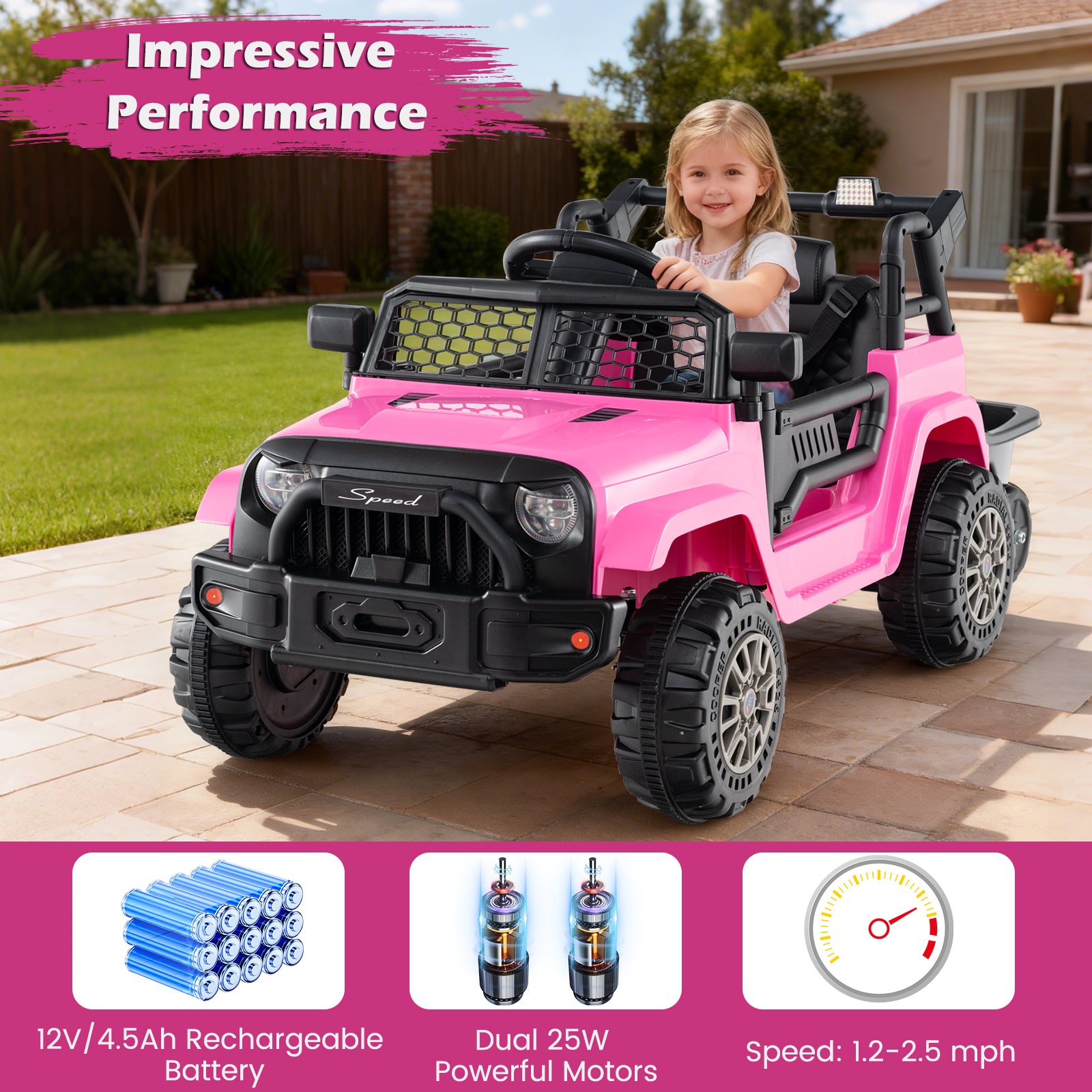 Kids Ride On UTV Car with Detachable Trailer 12V Battery Powered Ride On Truck, Pink Powered Ride On Toys at Gallery Canada