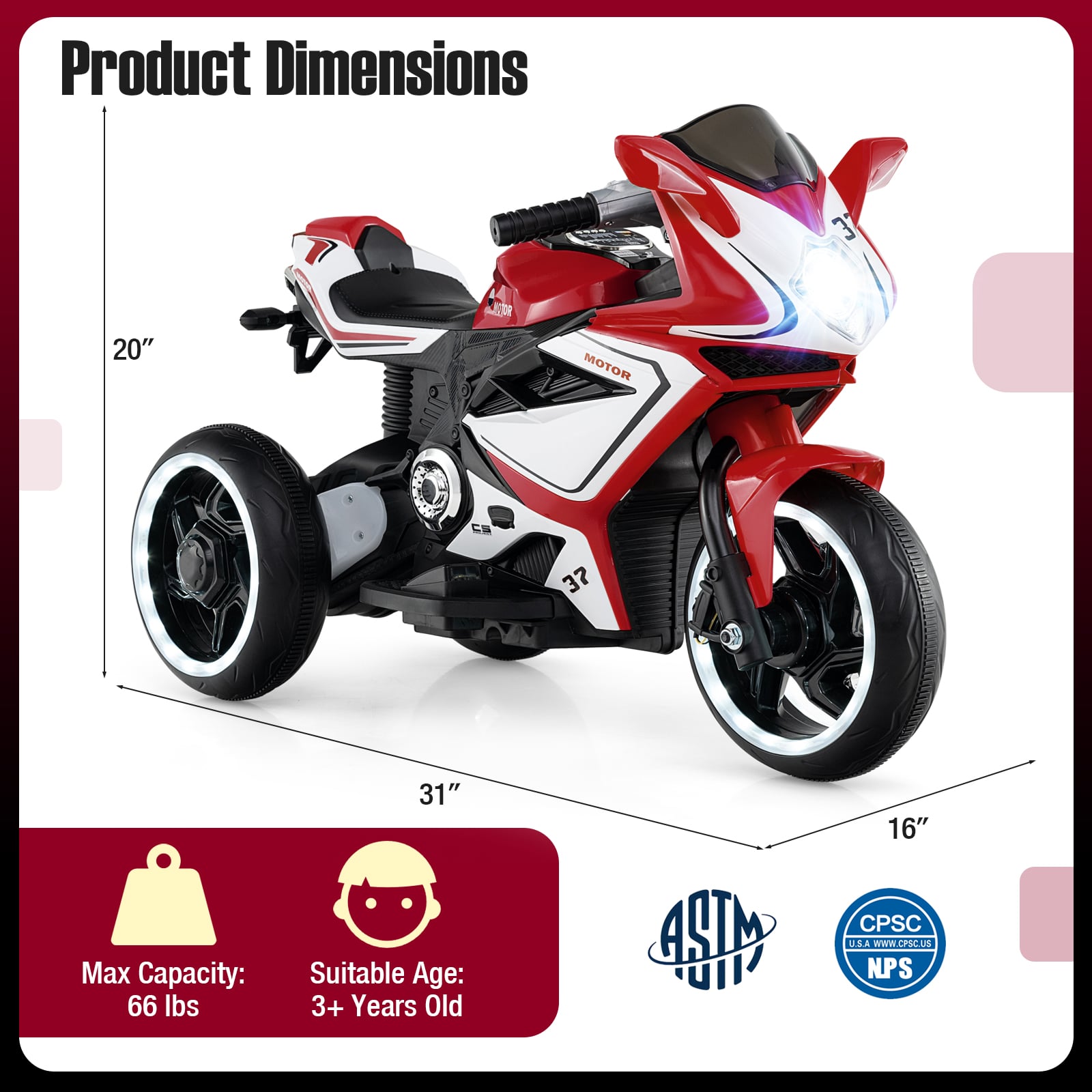 Kids Ride on Motorcycle 6V Battery Powered Mini Electric Motorbike with LED Lights, Red Powered Ride On Toys at Gallery Canada