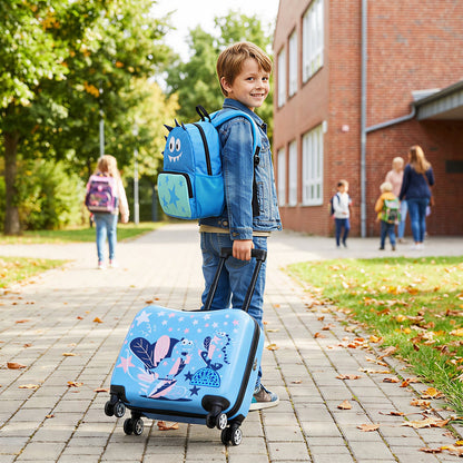 Ensemble valise à roulettes et sac à dos pour enfants, voyage, bleu