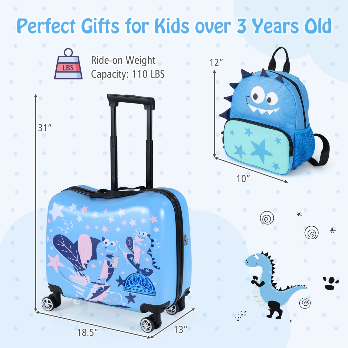 Ensemble valise à roulettes et sac à dos pour enfants, voyage, bleu